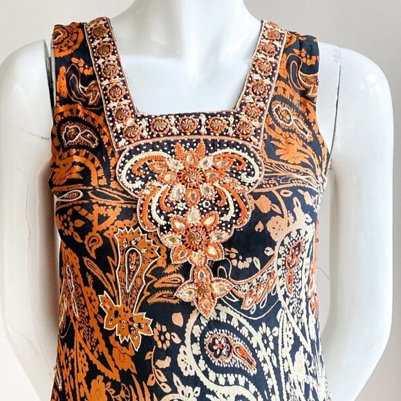 Vintage Bias Cut Paisley  Print Midi Dress w Beaded Detail S - Picture 7 of 10